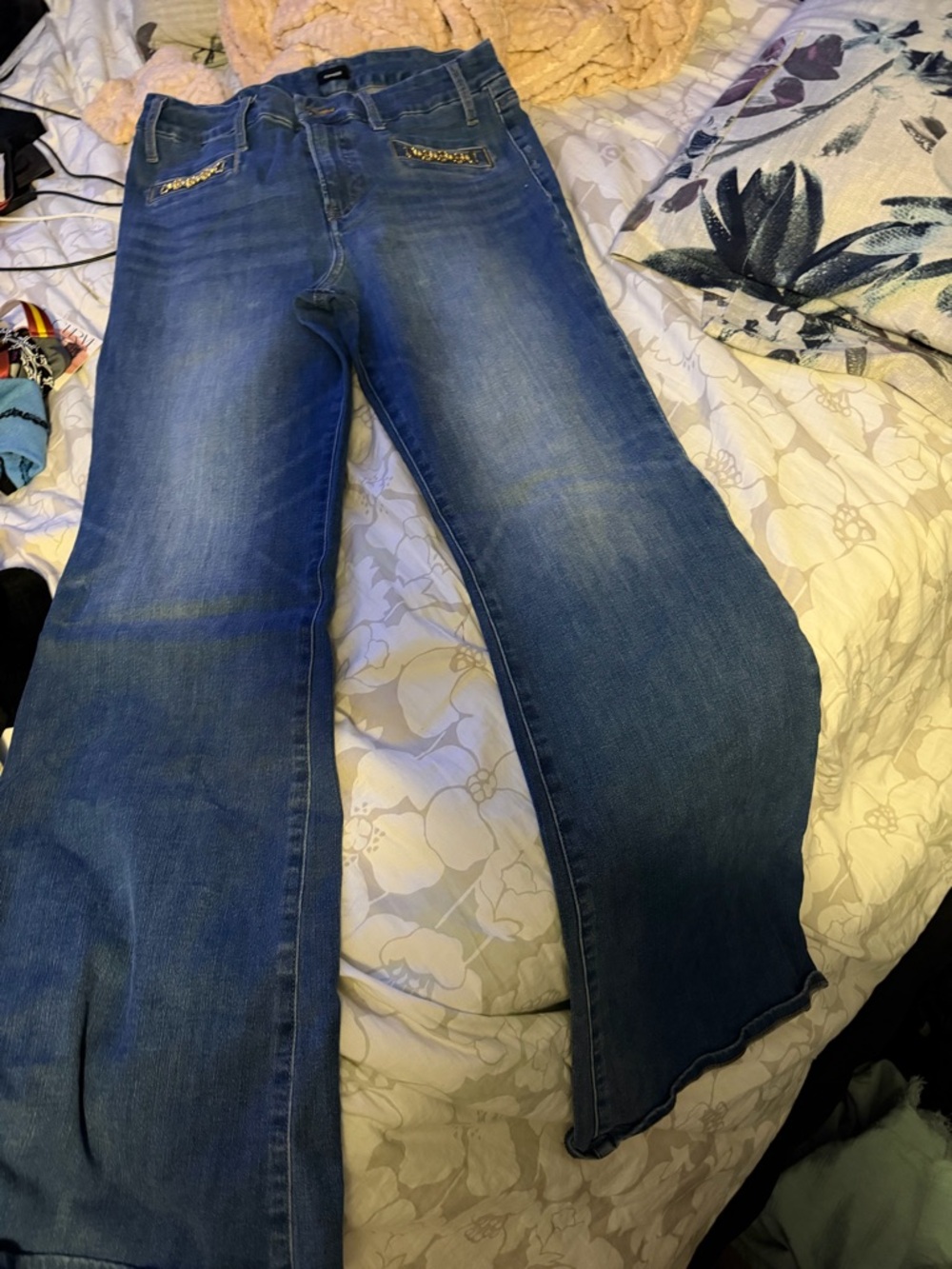 Express Dark Blue Flare Jeans with Decorative Pocket Trim